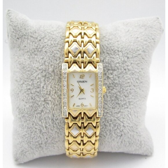 Women Gruen Crystals Quartz WR Analog 17mm Tank Watch (H969) 